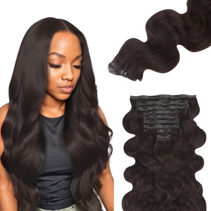 Picture of Lashey Seamless Clip in Hair Extensions Human Hair 130g 9pcs 18 Inch Body Wave #2 Dark Brown Clip in Hair Extensions for Women PU Weft Hair Extensions