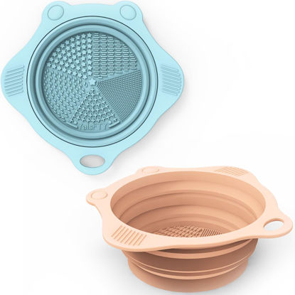 Picture of 2PC Foldable Silicone Makeup Brush Cleaner Pad Bowls, YalsFTY Portable Mat Scrubber Cleaning Tool for Makeup Brushes (Khaki and Blue)