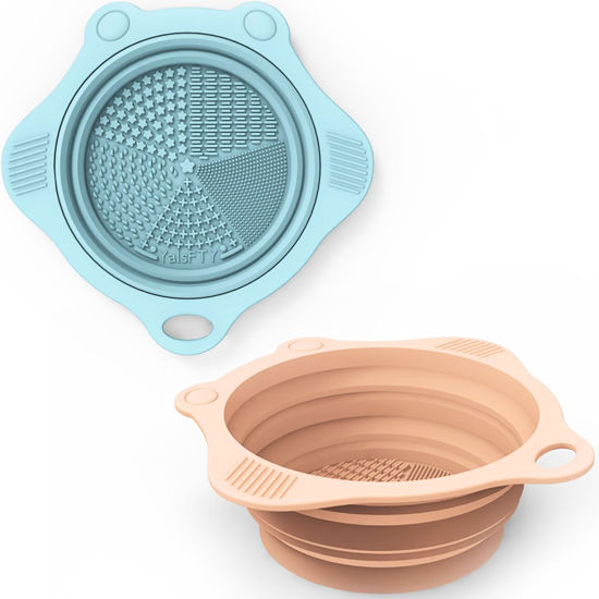 Picture of 2PC Foldable Silicone Makeup Brush Cleaner Pad Bowls, YalsFTY Portable Mat Scrubber Cleaning Tool for Makeup Brushes (Khaki and Blue)