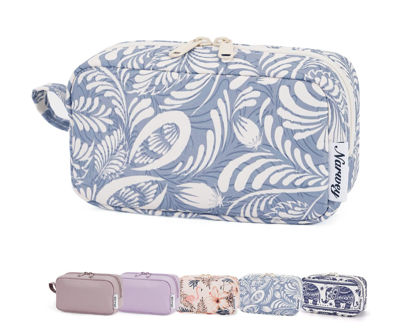 Picture of Narwey Small Cosmetic Bag, Small Makeup Bag for Purse, Travel Mini Makeup Pouch, Zipper Pouch, Cute Makeup Bag with Organized Pockets for Women (Blue Leaf, Small)