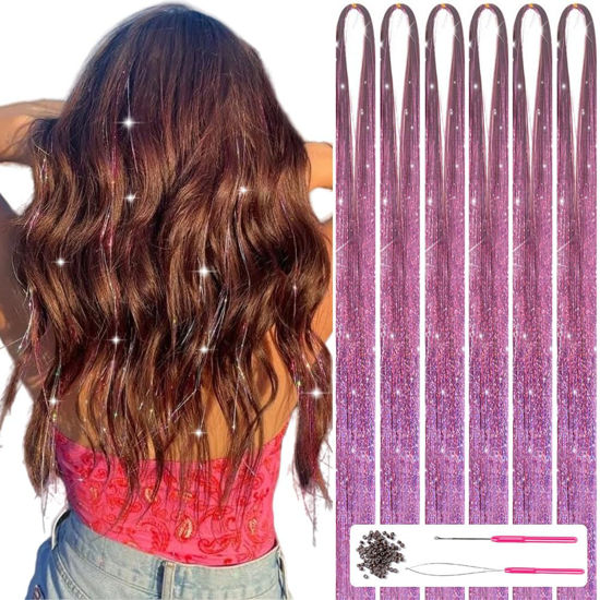 Picture of MISSUHUI Hair Tinsel with Tools 47Inch 1200 Strands Hair Tinsel Kit Glitter Hair Extensions Sparkling Shiny Hair Extensions Fairy Hair Tinsel Strands Kit Heat Resistant for Women Girls 6Pcs (Pink)