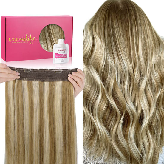 Picture of WENNALIFE Wire Hair Extensions (Increase 50% Lifespan) Real Human Hair 12 inch 70g Ash Brown Highlighted Golden Blonde Remy Wire Hair Extensions Invisible Fish Line Straight Real Hair Extensions