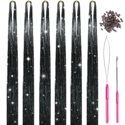 Picture of MISSUHUI Hair Tinsel Kit With Tools 47Inch 1200 Strands Glitter Tinsel Hair Extensions Sparkling Shiny Fairy Hair Tinsel Strands Kit Heat Resistant for Women Girls 6Pcs (Black)