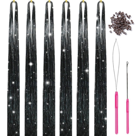 Picture of MISSUHUI Hair Tinsel Kit With Tools 47Inch 1200 Strands Glitter Tinsel Hair Extensions Sparkling Shiny Fairy Hair Tinsel Strands Kit Heat Resistant for Women Girls 6Pcs (Black)