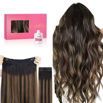 Picture of WENNALIFE Wire Hair Extensions (Increase 50% Lifespan) Real Human Hair 12 inch 100g Balayage Natural Black to Chestnut Brown Remy Real Hair Extensions Invisible Wire Human Hair Extensions Fish Line