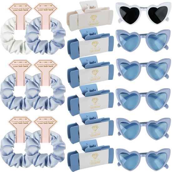 Picture of 18pcs Bridesmaid Scrunchies Proposal Gifts 4.1inch square Hair Claws Bachelorette Hair Clip heart sunglasses Girls gift for Wedding Party Favors(18pcs White&Dusty Blue)