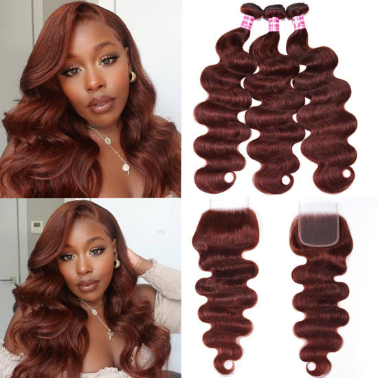 Picture of UNICE Reddish Brown Body Wave Human Hair 3 Bundles with 4x4 lace closure Free Part Brazilian Remy Hair Copper Red Wavy Bundles and Closure Colored Human Hair Extensions 16 18 20+16 inch Closure