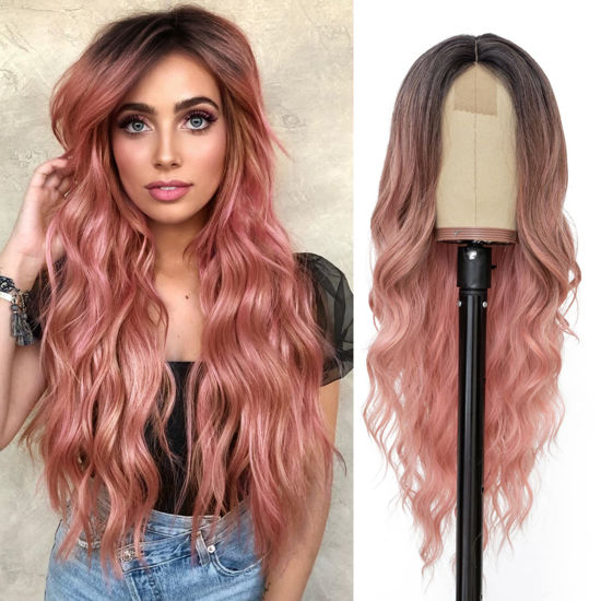 Picture of NAYOO Long Ombre Pink Wavy Wig for Women 26 Inch Middle Part Curly Wavy Wig Natural Looking Synthetic Heat Resistant Fiber Wig for Daily Party Use (Ombre Pink)