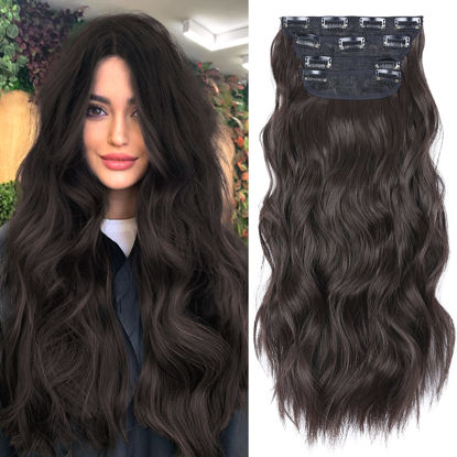 Picture of Clip in Hair Extensions 4PCS Brown Black Thick Hair Piece 20 Inches Long Wavy Clip in Extensions Full Head Synthetic Hairpieces for Women (4pcs, 20Inch, 4#)