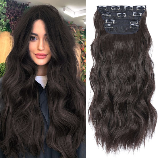 Picture of Clip in Hair Extensions 4PCS Brown Black Thick Hair Piece 20 Inches Long Wavy Clip in Extensions Full Head Synthetic Hairpieces for Women (4pcs, 20Inch, 4#)