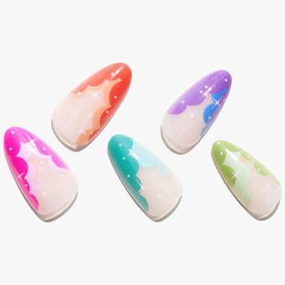 Picture of French Tip Press on Nails Short Almond, Glamermaid Color Fake Nail Gel, Nude Pink Medium Almond Glue on Nail, Colourful Rainbow Short Oval Stick on Nails Gel, Reusable Acrylic False Nail with Design