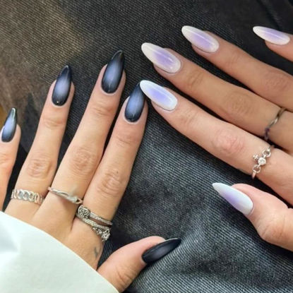 Picture of GLAMERMAID Black White Ombre Press on Nails Medium Almond, Purple Aurora Fake Crush Nail, Glossy Gel Glue on Nails Short Oval Stick on Blush Nail Set, Glitter Acrylic Stiletto False Nail Kit for Women