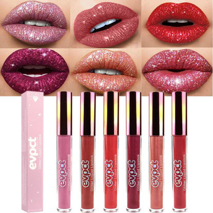 Picture of evpct 6Pcs Matte to Glitter Liquid Lipstick Long Lasting Lip Set Kit,6 Color Diamond Dark Red Pink Purple Mauve Glitter Sparkly Glossy Metallic Shimmer Sparkle Waterproof Lipstick Lip Gloss for Women