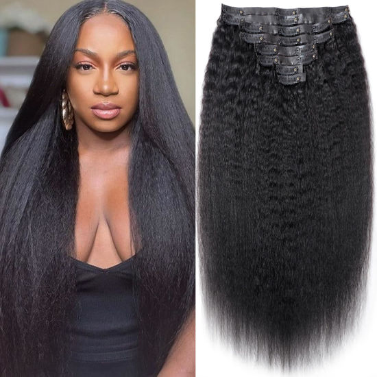 Picture of Mihugass Seamless Clip In Hair Extensions Real Human Hair Invisible PU Weft Kinky Straight Clip Ins Human Hair Extensions 8pcs with 18Clips Per Set 120g(26inch,Natural Black)
