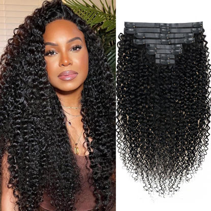 Picture of Seamless Kinky Curly Clip in Hair Extensions Real Human hair For Women Brazilian Virgin 3c 4a Curly Clip ins Human Hair Extensions (20inch,#1B)