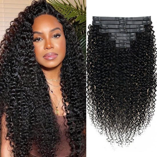 Picture of Seamless Kinky Curly Clip in Hair Extensions Real Human hair For Women Brazilian Virgin 3c 4a Curly Clip ins Human Hair Extensions (20inch,#1B)
