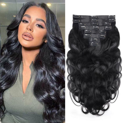 Picture of Mihugass Seamless PU Clip In Hair Extensions Real Human Hair Invisible PU Skin Weft Body Wave Clip Ins 100% Unprocessed Human Hair Extensions 8pcs with 18Clips Per Set 120g(20inch,Natural Black)
