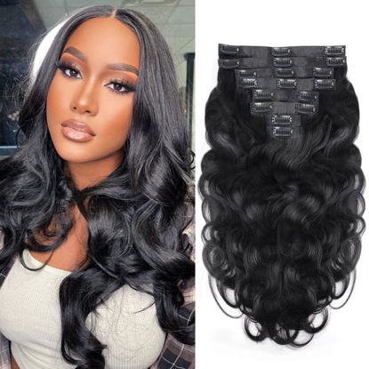 Picture of Mihugass Seamless PU Clip In Hair Extensions Real Human Hair Invisible PU Skin Weft Body Wave Clip Ins 100% Unprocessed Human Hair Extensions 8pcs with 18Clips Per Set 120g(18inch,Natural Black)