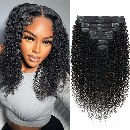 Picture of Kinky Curly Clip in Hair Extensions Real Human hair For Women Brazilian Virgin 3c 4a Curly Clip ins Human Hair Extensions (16inch,#1B)