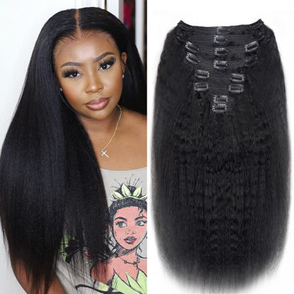 Picture of Kinky Straight Clip in Hair Extensions Real Human Hair Natural Black Clip ins for Women 24 Inch 120g 8pcs Seamless Kinky Straight Clip on Extensions Human Hair