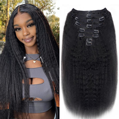 Picture of Mihugass Clip in Hair Extensions Real Human Hair Natural Black Kinky Clip in Hair Extensions Seamless Kinky Straight Clip on Hair Extensions for Women 8pcs with 18 Clips 120g(26inch)