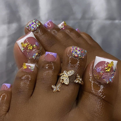Picture of Press on Toenails Gold Butterfly Fake Toe Nails Flower False Toenails Full Cover Acrylic Toenails with Design Rhinestone Toe Press on Nails Toe Nail Press ons for Women Manicure 24Pcs