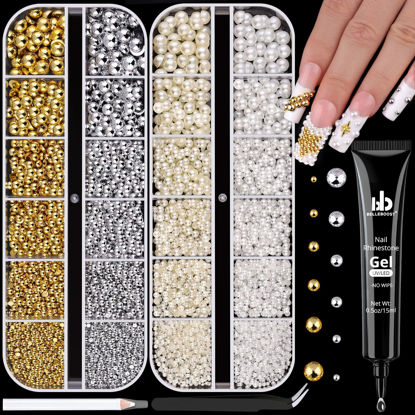 Picture of Flatback Pearls for Nail Art With Rhinestones Glue Gel, Half Round Nail White Beige Gold Silver Pearls with Pickup Pencil and Tweezers, Pearls Nail Charms Accessories Acrylics Manicure Face Hair Decor