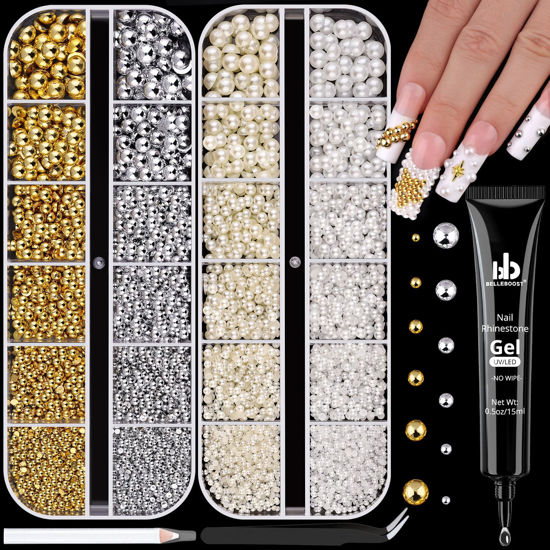 Picture of Flatback Pearls for Nail Art With Rhinestones Glue Gel, Half Round Nail White Beige Gold Silver Pearls with Pickup Pencil and Tweezers, Pearls Nail Charms Accessories Acrylics Manicure Face Hair Decor