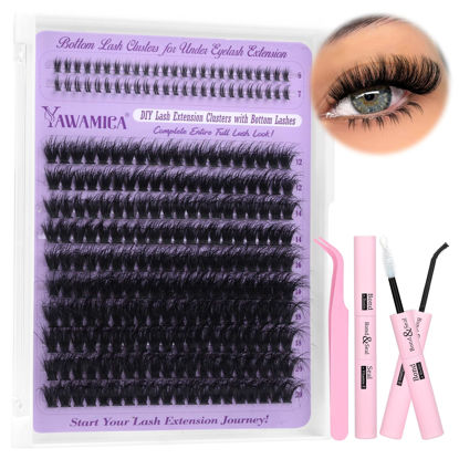 Picture of Yawmaica Lash Clusters Kit with Bottom Lashes Wispy Eyelash Extension Kit 200D Fluffy Eyelash Clusters 12-20mm D Curl Individual Lashes DIY Lash Extension Kit with Lash Bond and Seal and Lash Tweezers