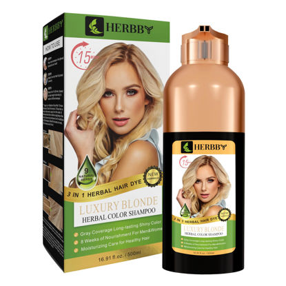 Picture of HERBBY Hair Color Shampoo for Gray Hair Coverage&Color Transform with 9 Herbal Extracts -Long Lasting(6-8 Weeks), Shiny,Evenly Colored,Instant Hair Dye Shampoo&Conditioner,500 Ml (LUXURY BLONDE COLOR)