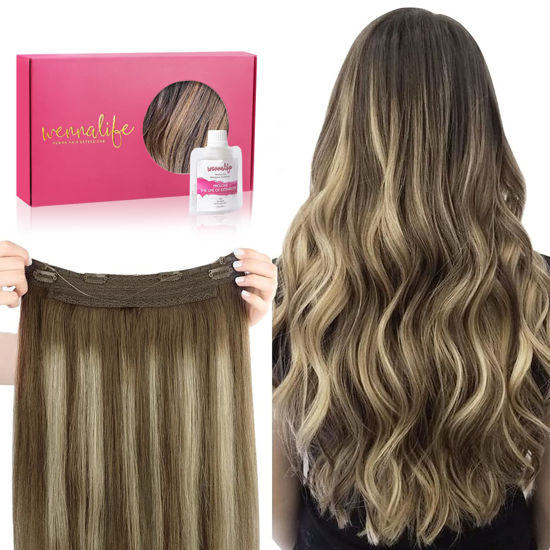 Picture of WENNALIFE Wire Hair Extensions (Increase 50% Lifespan) Real Human Hair 20 inch 110g Balayage Chocolate Brown to Honey Blonde Remy Wire Hair Extensions Invisible Transparent Real Hair Extensions