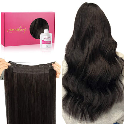 Picture of WENNALIFE Wire Hair Extensions (Increase 50% Lifespan) Real Human Hair 16 inch 95g Dark Brown Remy Hair Extensions Invisible Transparent Wire Fish Line Hair Extensions Straight Real Hair Extensions