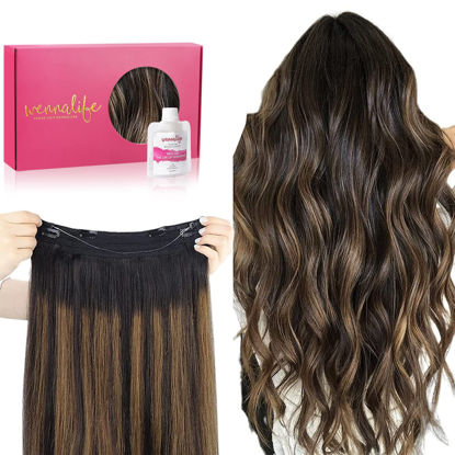 Picture of WENNALIFE Wire Hair Extensions (Increase 50% Lifespan) Real Human Hair 14 inch 75g Natural Black Chestnut Brown Remy Hair Extensions Invisible Transparent Wire Hair Extensions Real Hair Extensions