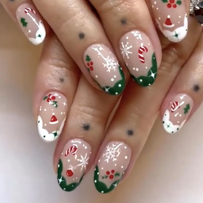 Picture of Christmas Press on Nails Medium Oval Fake Nails French Tip False Nails With Snowflake Candy Xmas Tree Santa Hat Designs Full Cover Stick on Nails Acrylic Winter Artificial Nails for Women Girls 24Pcs