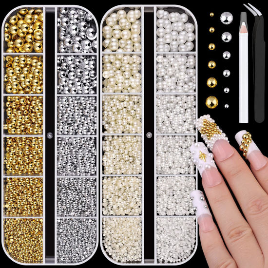 Picture of Flatback Pearls for Nail Art, Half Round Nail White Beige Gold Silver Pearls with Pickup Pencil and Tweezers, Pearls Nail Charms Accessories for Acrylics Manicure Face Hair Crafts Decor