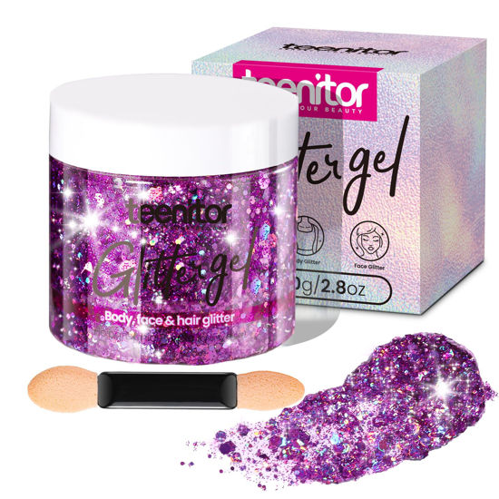 Picture of Teenitor Body Glitter, Face Glitter, Purple Glitter, 80g/2.8oz Face Body Glitter, Hair Glitter Gel, Makeup Rave Glitter, Holographic Glitter for Face and Body