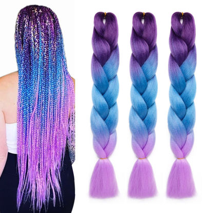Picture of MAYSA Ombre Braiding Hair Extension 3Packs Three Tone Colorful Braiding Hair Pre Stretched High Temperature Crochet Braiding Hair # Purple-Lake Blue-Light Purple