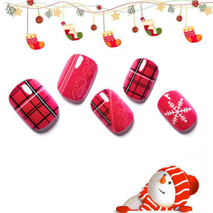 Picture of Christmas Press on Nails Extra Short Squoval, GLAMERMAID Red Plaid Snowflake Glue on Gel Nails, 24Pcs Short Square False Nails Kits Reusable UV Finish Full Cover Stick on Nails for Women Gifts