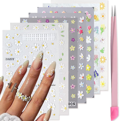 Picture of VOTACOS Flower Nail Art Stickers 7 Sheets 5D Nail Decals Spring Summer Nail Art Design 3D Self-Adhesive Nail Supplies White Yellowe Daisy Flower Nail Decoration for Women Nail DIY Design