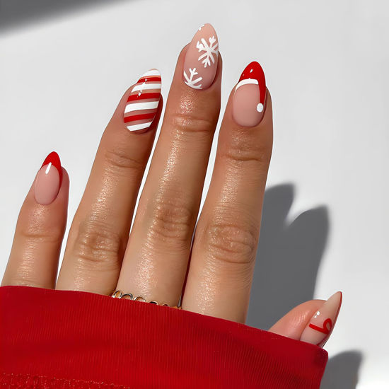 Picture of Medium Christmas Press on Nails Almond Shape Fake Nails Red Christmas Hat False Nails French Tip Designs Acrylic Glue on Nail Glossy Full Cover Snowflake Bow Stick on Nails for Women Nail Art 24Pcs