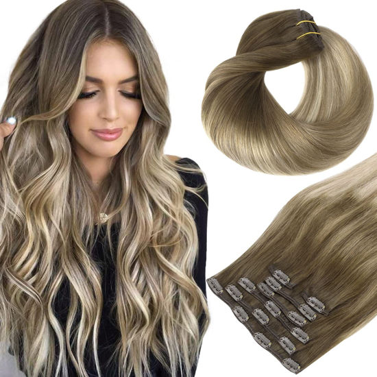 Picture of HOTBANANA Human Hair Clip in Hair Extensions, Ombre Walnut Brown to Ash Brown and Bleach Blonde 120g Clip in Hair Extensions Real Human Hair Straight Remy Hair Clip Ins 14 Inch 7pcs