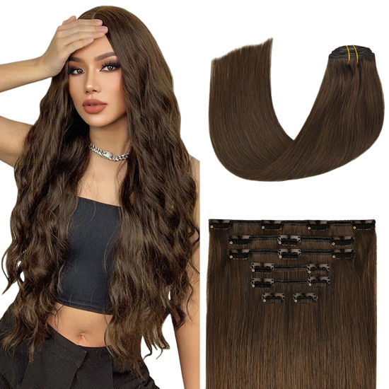 Picture of Aison Medium Brown Clip in Hair Extensions Real Human Hair 85G 100% Remy Human Hair Clip in Extensions Soft Silky Straight 7pcs 16clips 18 Inch