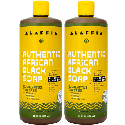 Picture of Alaffia Skin Care, Authentic African Black Soap, All in One Liquid Soap, Acne Face Wash, Moisturizing Body Wash, Shampoo, Shaving Soap, Shea Butter, Eucalyptus Tea Tree (2 Pack - 32 Fl Oz Ea)