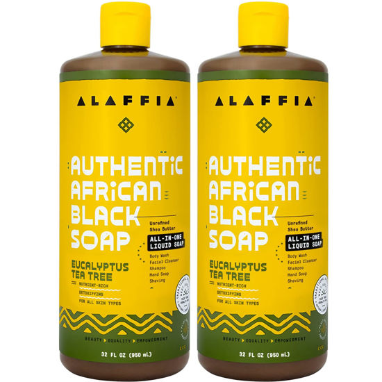 Picture of Alaffia Skin Care, Authentic African Black Soap, All in One Liquid Soap, Acne Face Wash, Moisturizing Body Wash, Shampoo, Shaving Soap, Shea Butter, Eucalyptus Tea Tree (2 Pack - 32 Fl Oz Ea)