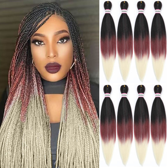 Picture of Pre Stretched Braiding Hair 8 Packs - 20 Inch Ombre Braiding Hair,Three Tone Yaki Texture Prestretched Crochet Braids Hair, Synthetic Hair Extension Itch Free Hot Water Setting (20 Inch, 1B/red/613)