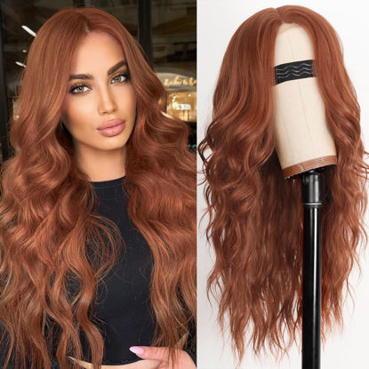Picture of AISI HAIR Auburn Wigs for Women, Long Wavy Lace Hairline Wig, Middle Part Synthetic Heat Resistant Wig for Daily Party