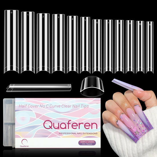Picture of 504PCS Clear Square Nail Tips, 3XL Tapered Square Nail Tips for Acrylic Nails Professional, Extra Long No C Curve Nail Tips Use for Nail Extension Tips, False Nails for Nail Art 12 Sizes with Box