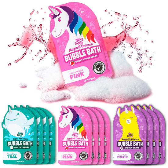 Picture of Tub Works® Magical Kids Bubble Bath, Variety 12 Pack | Creates Colorful Bath Water & Tons of Foam Bath Bubbles | Nontoxic | Character-Themed Bubble Bath for Kids Bath | Pink, Purple & Teal Bath Colors