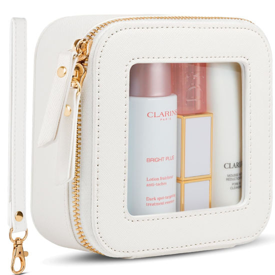 Picture of XUGUXA Clear Makeup Bag | Mini Makeup Bag | Small Makeup Bag/Small Cosmetic Bag for Purse | Cute Leather Makeup Pouch | Purse Organizer | Car Travel Purse Essentials for Women Teens Gift (White Mini)