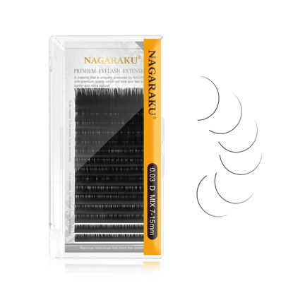 Picture of NAGARAKU Eyelash Extensions Individual Lashes 0.03mm D curl 7-15mm Mix Tray Classic Mega Volume Matte Black Soft Natural 16 rows